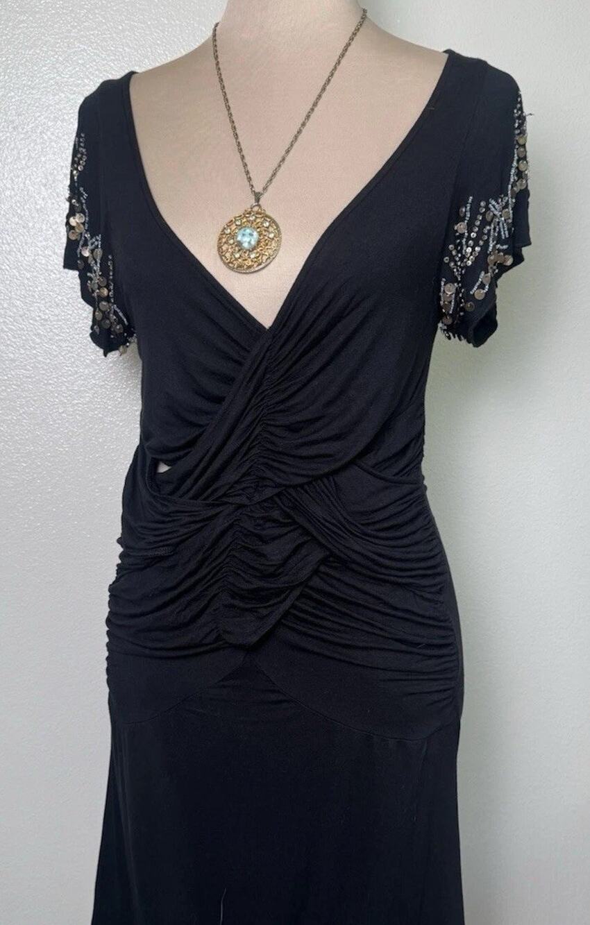 Free People Black Beaded Short Sleeves V Neck Ruched Mini Dress Size L